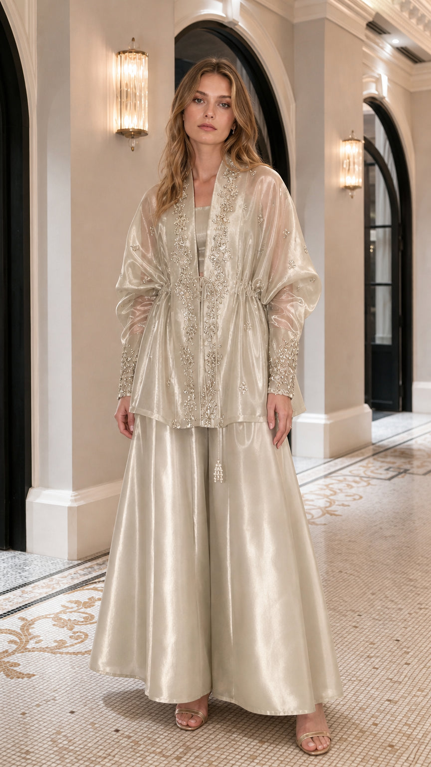 Front full view of champagne embroidered sheer overcoat and wide-leg pants set