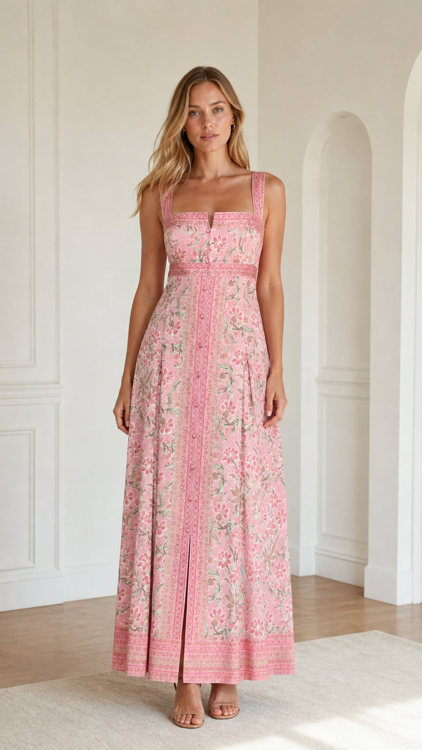 Front view of model wearing pink floral print maxi dress