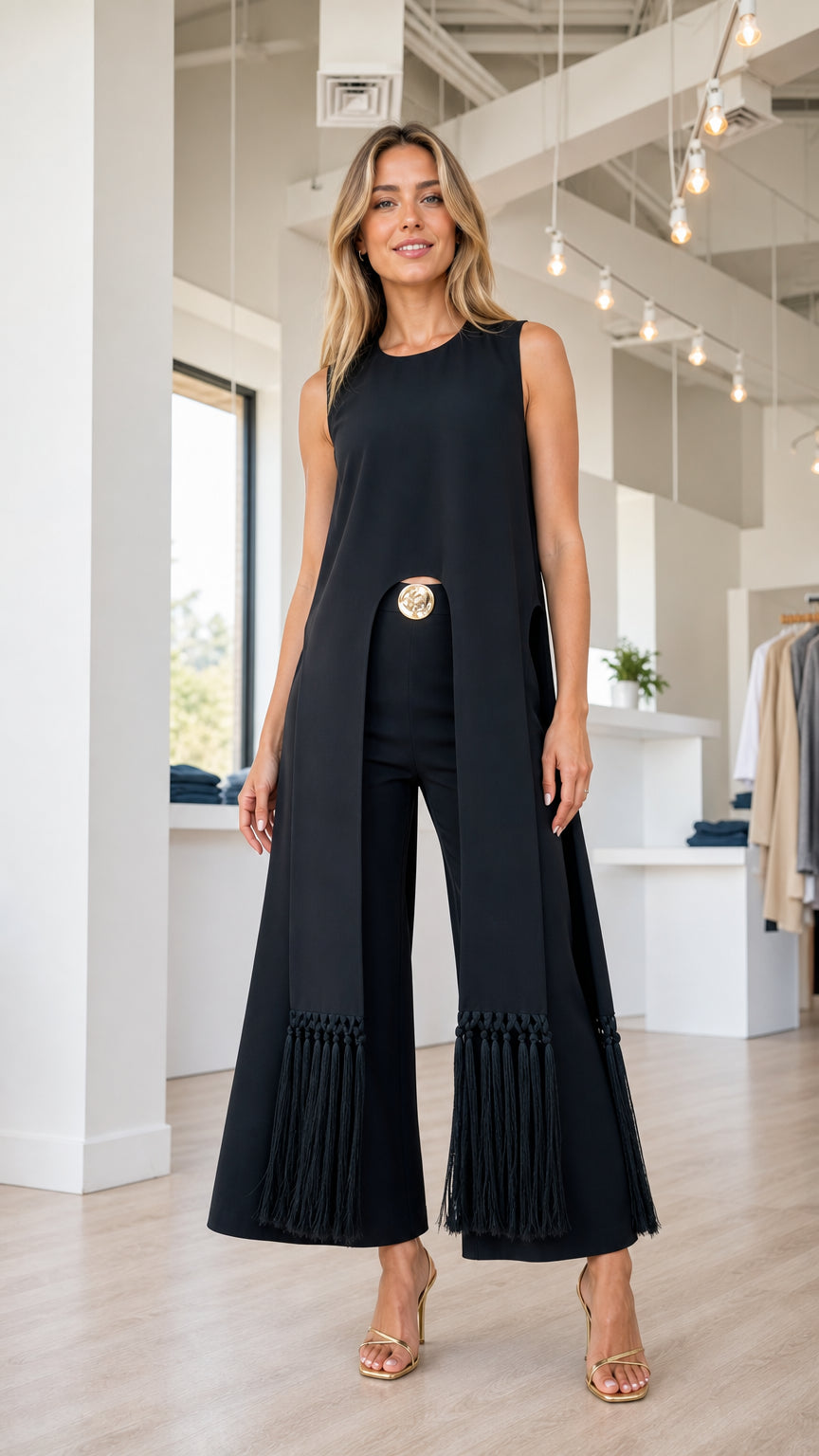 Model wearing black sleeveless tunic and fringe hem pants set, front view