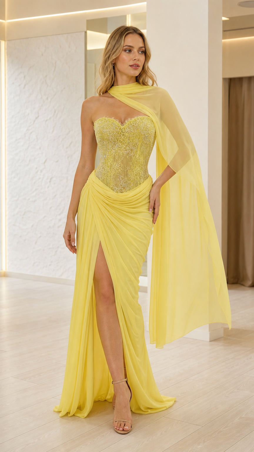 Lemon yellow lace corset maxi dress with ruched slit skirt and sheer cape, front view