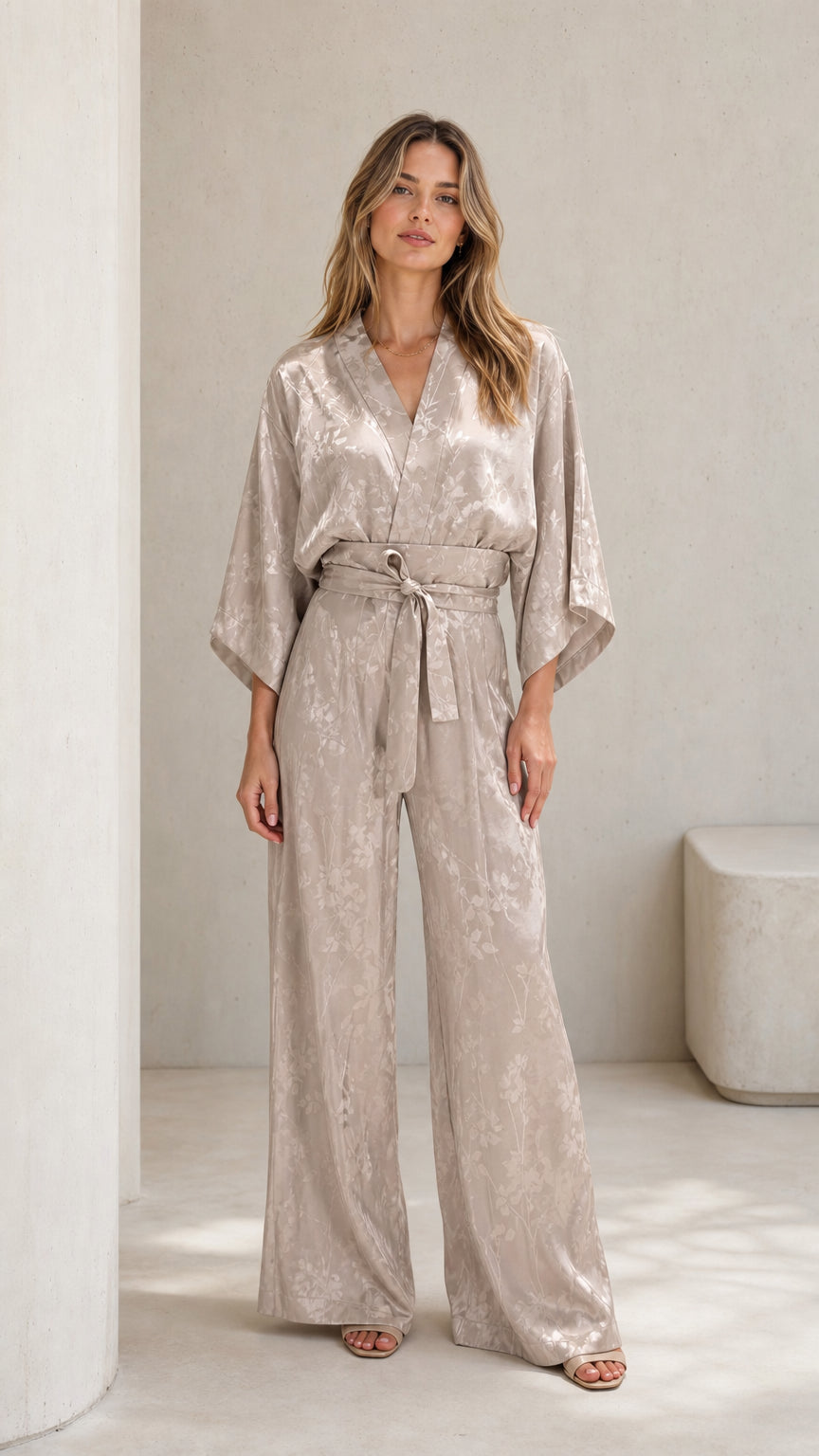 Front view of woman wearing champagne floral jacquard satin jumpsuit