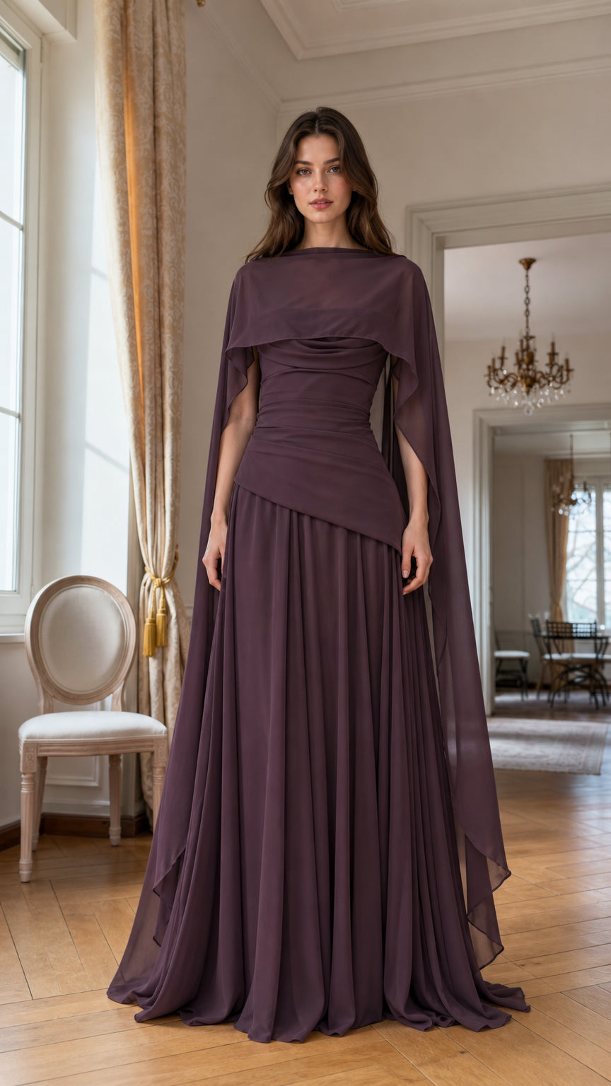 Full front view of Plum chiffon evening dress with cape overlay