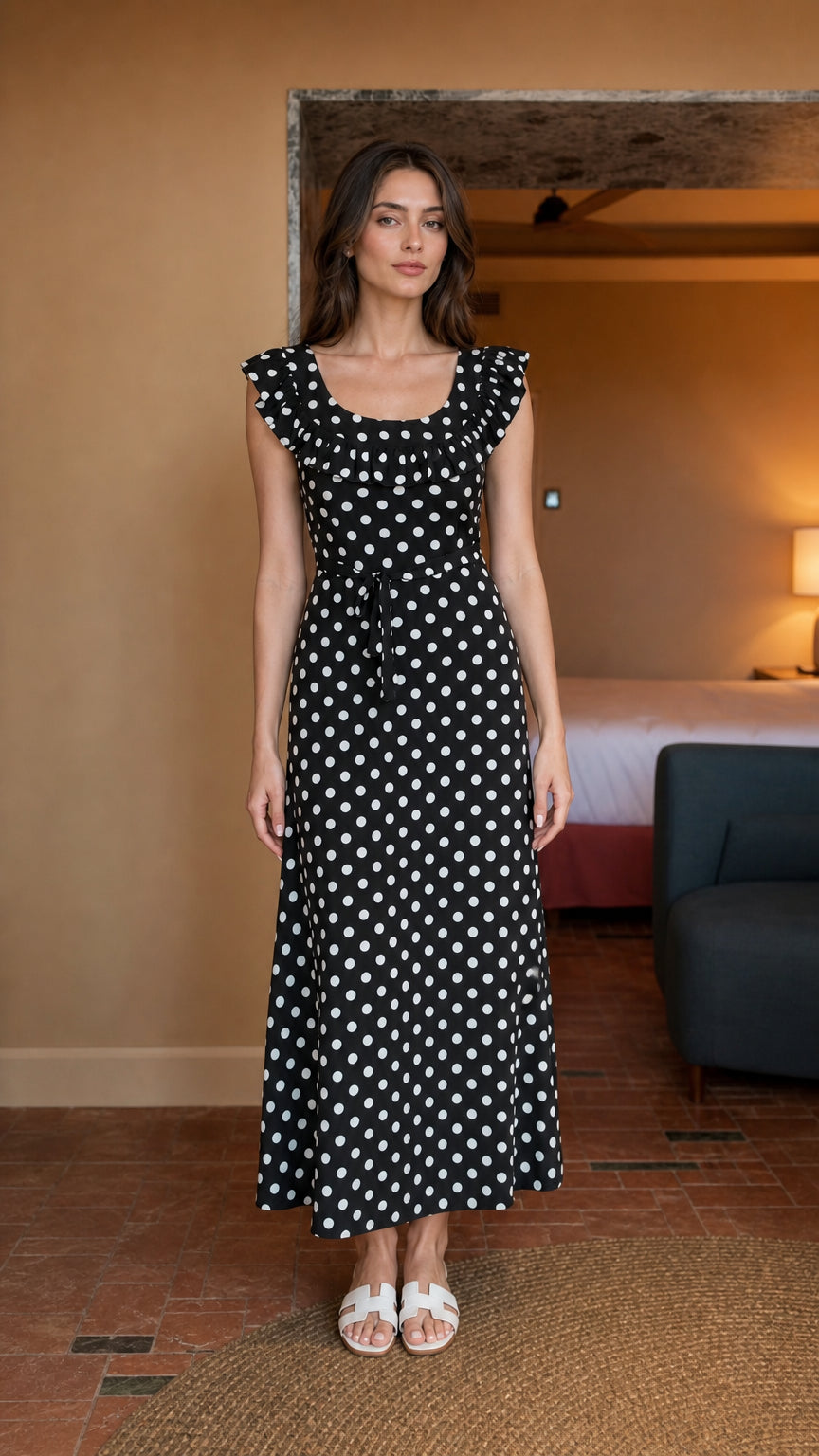 Front view of woman wearing black polka dot midi dress