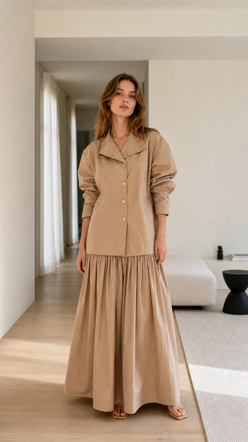 Model wearing khaki two-piece set front view