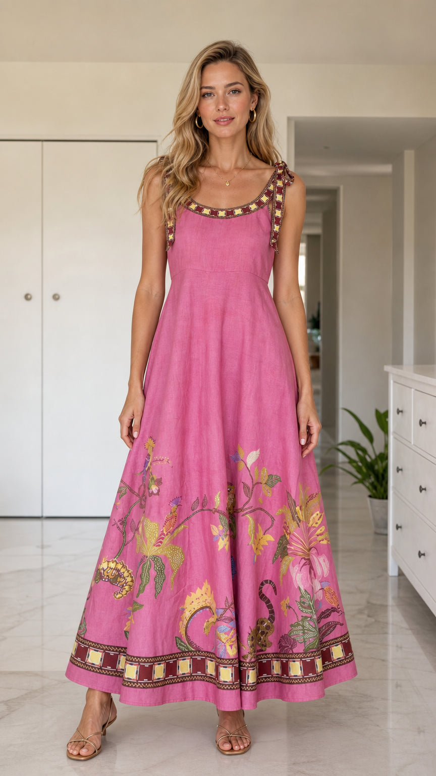 Front full view of pink floral maxi dress on model