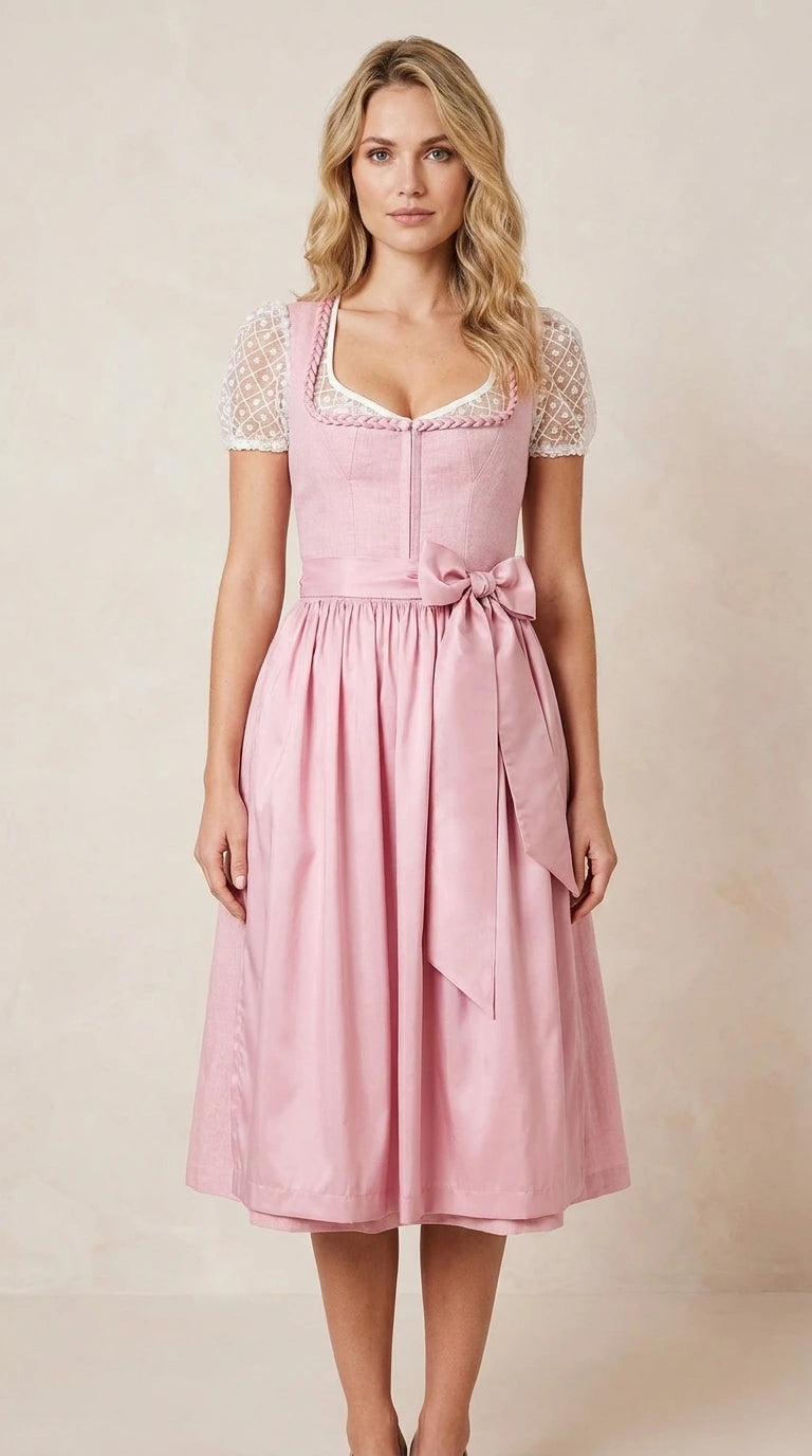Front view of pink traditional dirndl dress with lace sleeves
