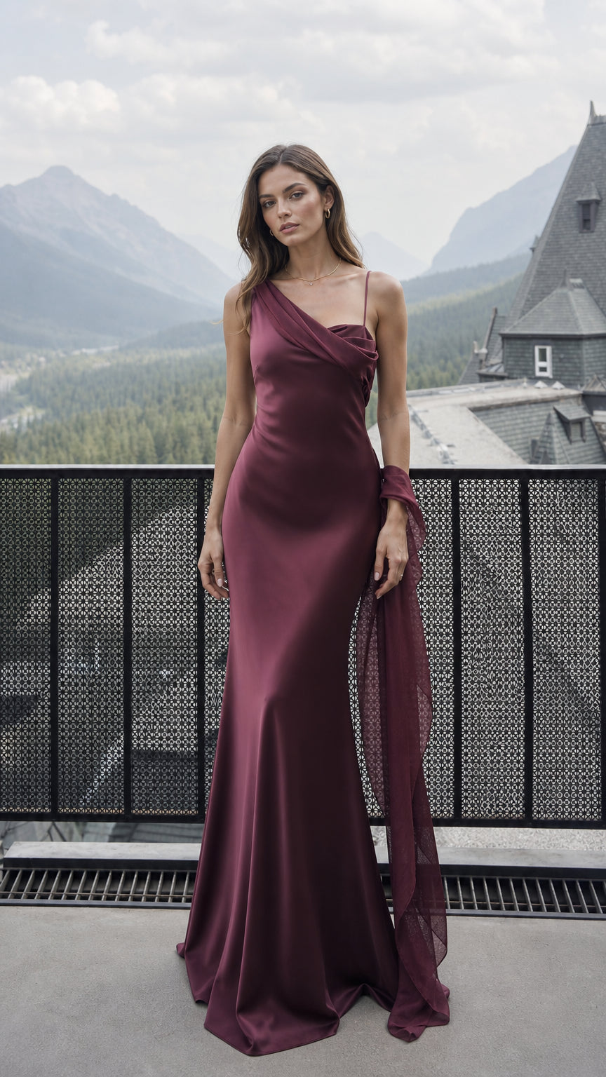 Front view of burgundy one-shoulder satin evening dress with draped scarf