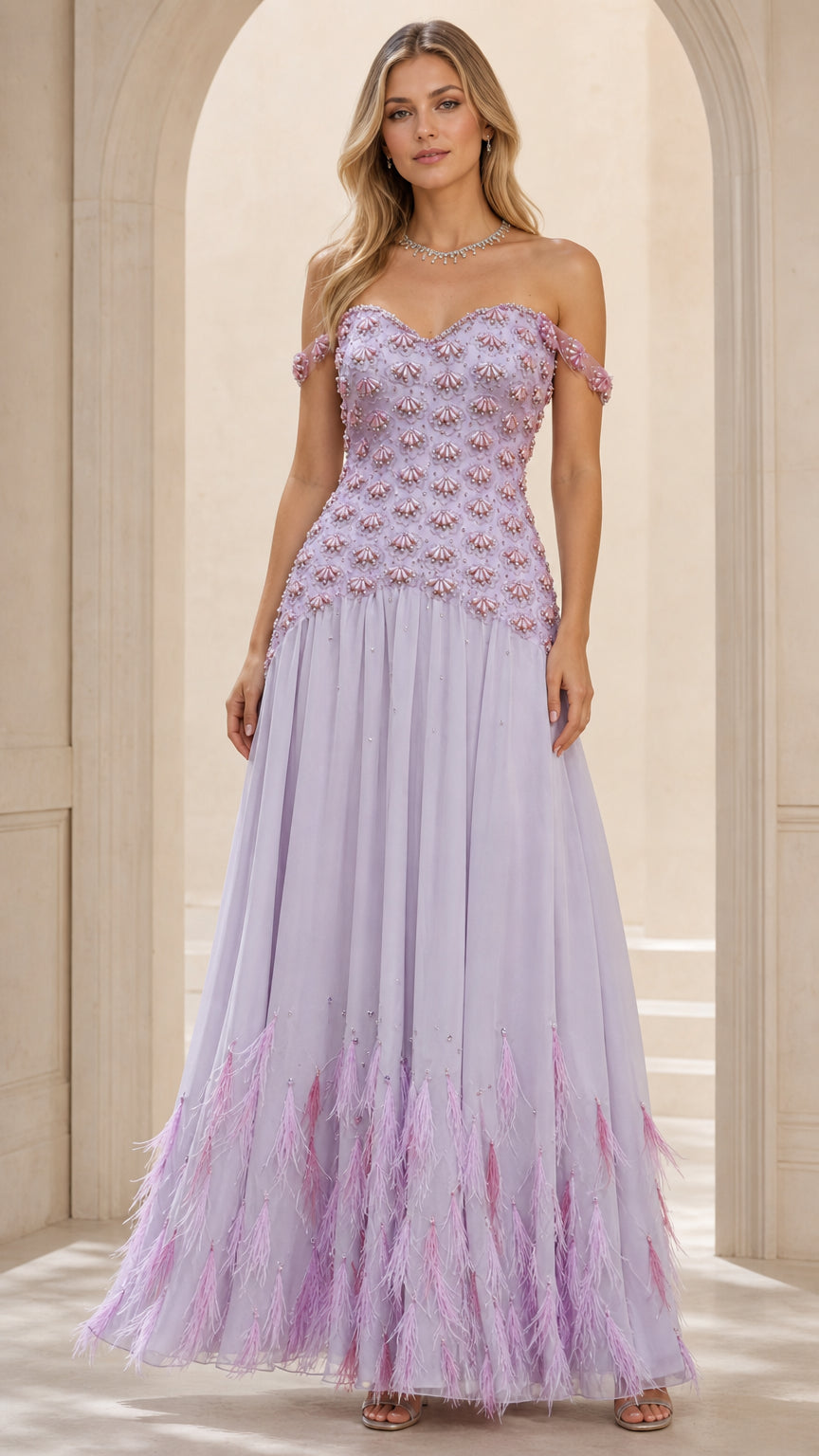 Front view of lavender off-shoulder beaded evening gown with feather hem