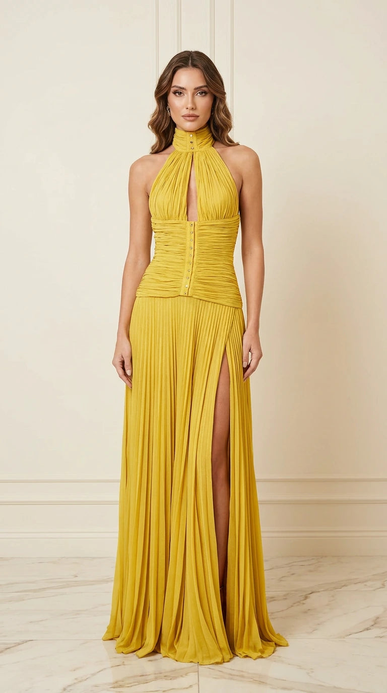 Front view of yellow pleated halter evening dress