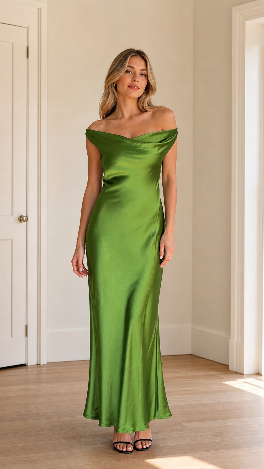 Model wearing green off-shoulder satin maxi dress from the front