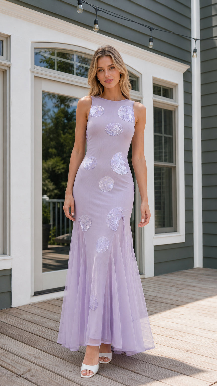 Front view of lavender sequin polka dot maxi dress