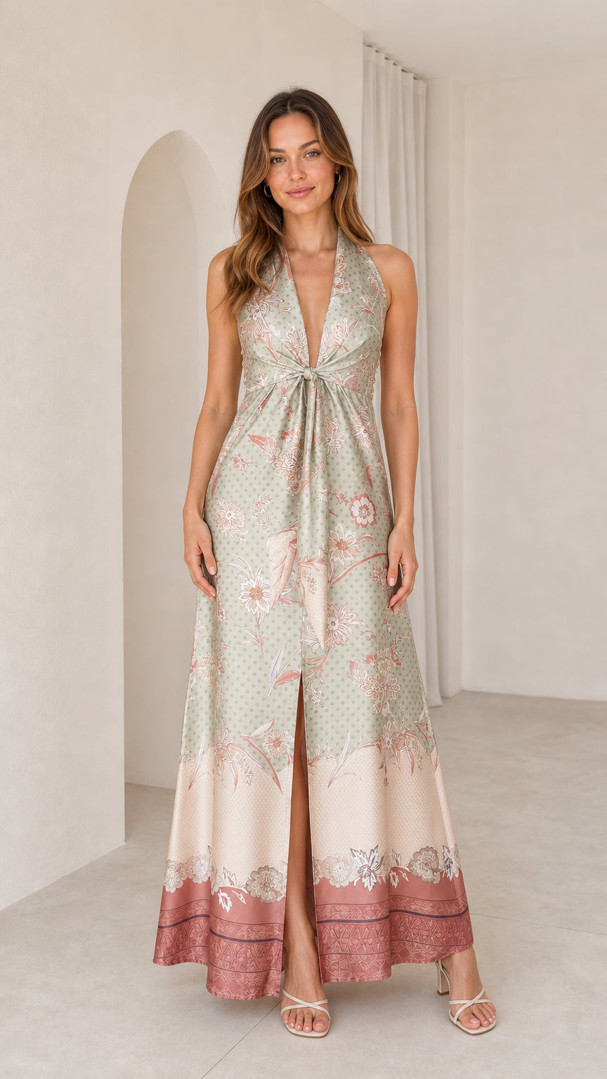 Front view of model wearing Sage Green floral maxi dress
