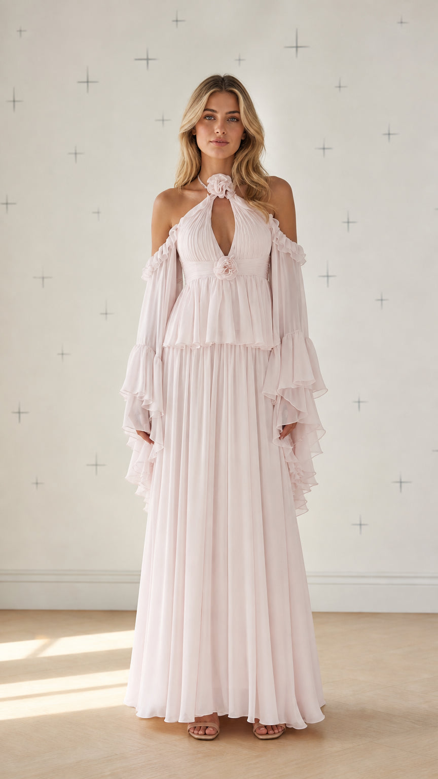 Front view of model wearing pink pleated cold-shoulder maxi dress