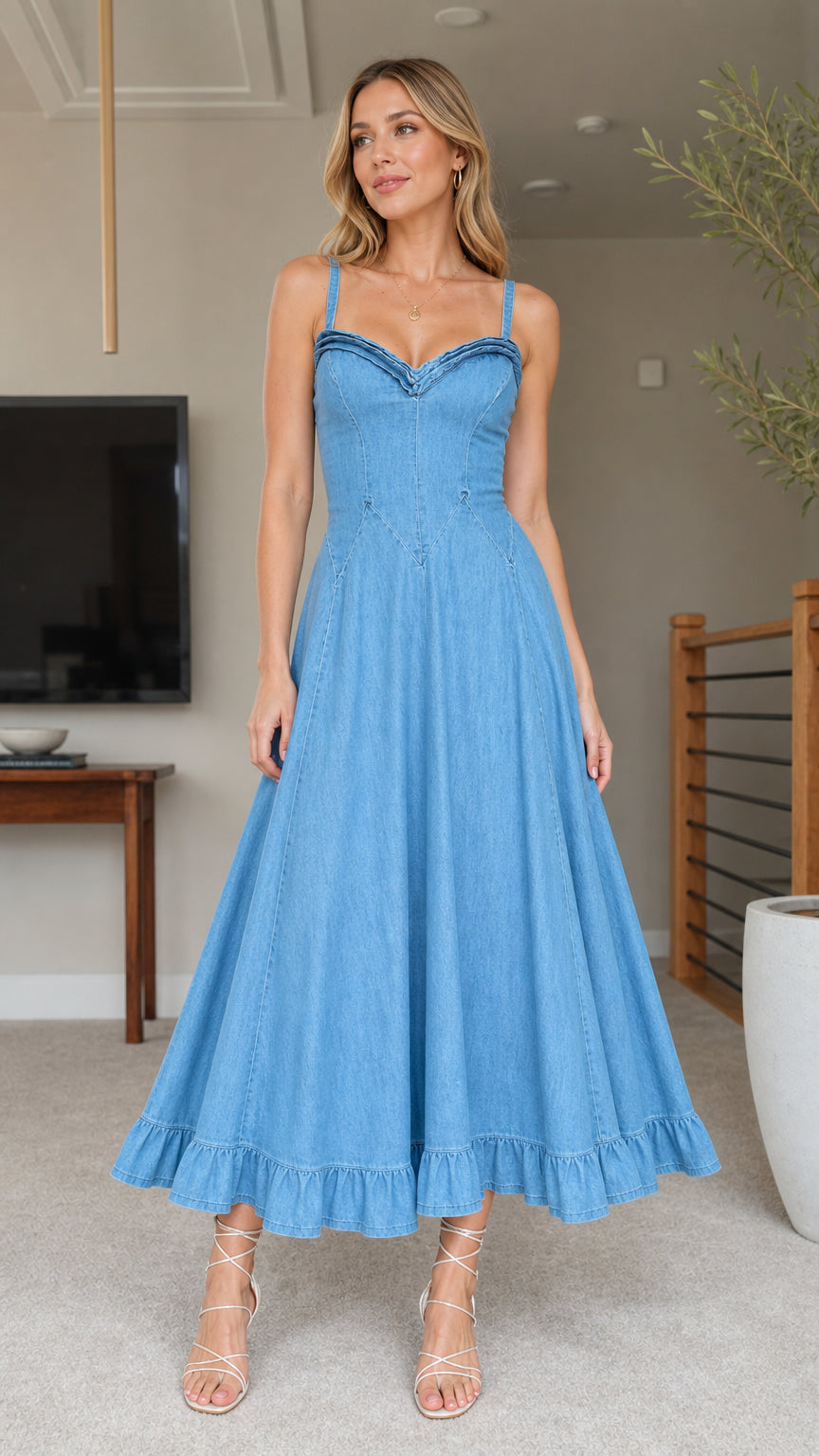 Women's Light Blue Denim Midi Dress Front View