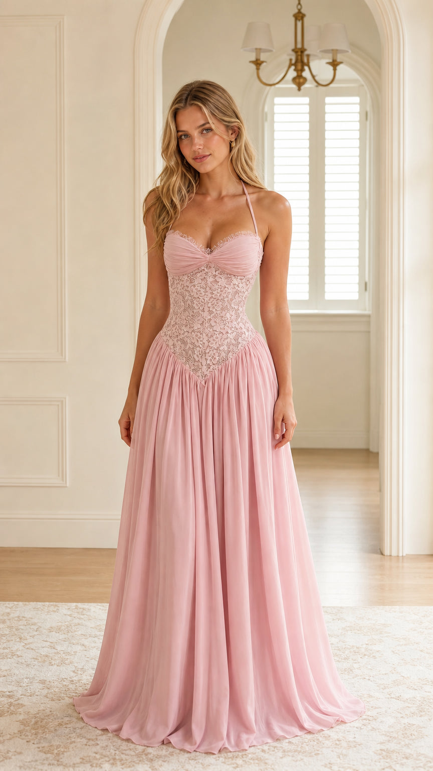 Front view of model wearing pink halter lace bodice chiffon evening gown