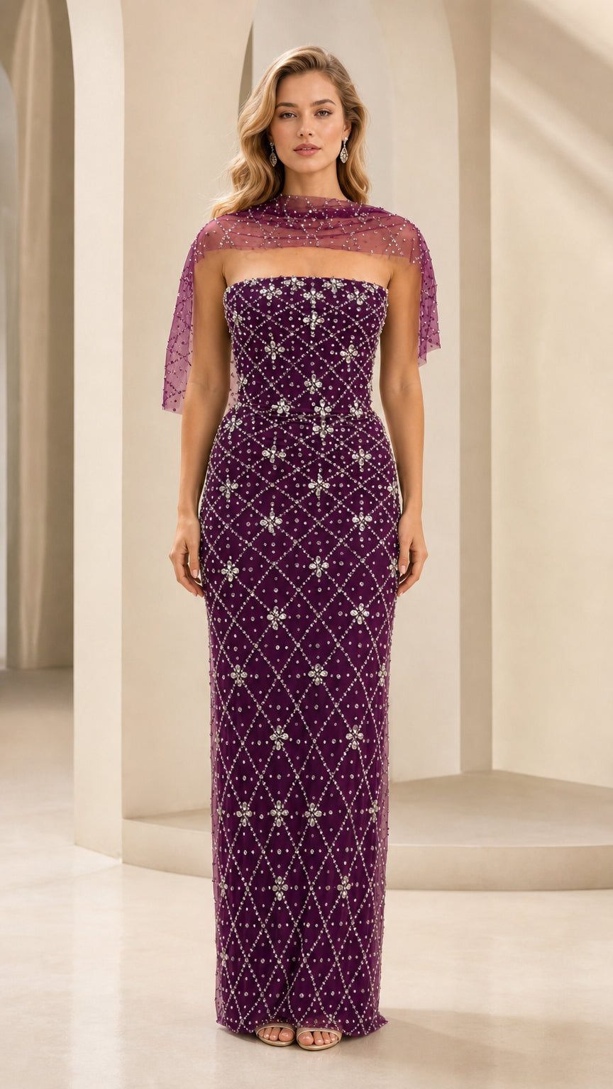 Front view of purple beaded strapless evening gown with matching shawl
