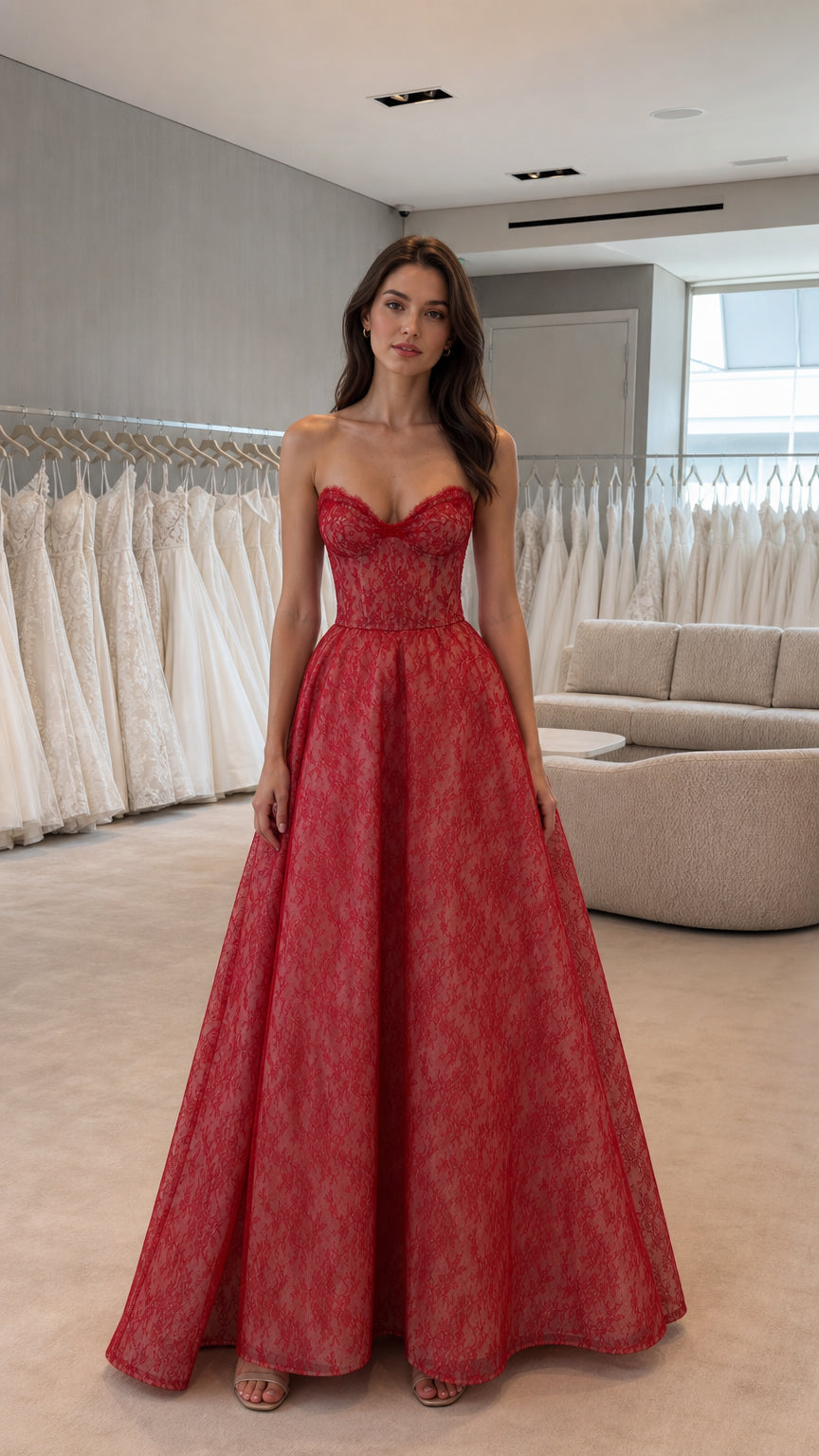 Front view of red strapless lace evening gown