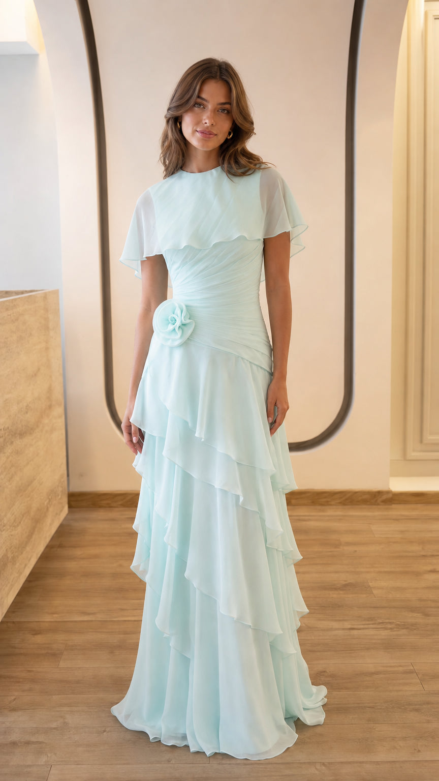 Front view of light blue chiffon capelet ruffled maxi dress