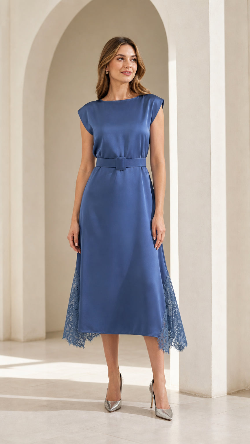 Front view of model wearing blue satin midi dress with lace hem