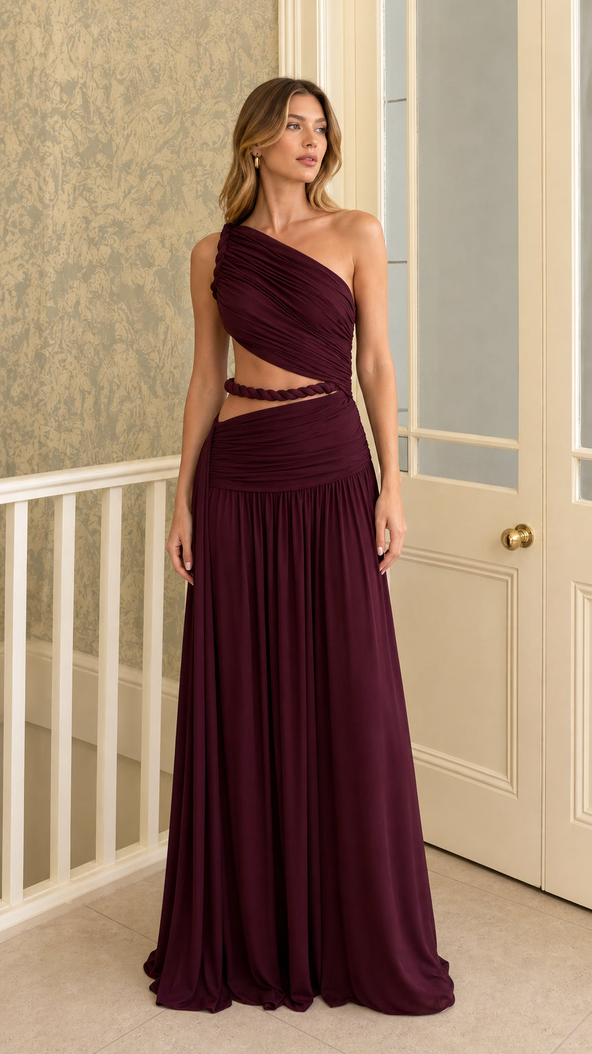 Front view of burgundy one-shoulder pleated cutout maxi dress