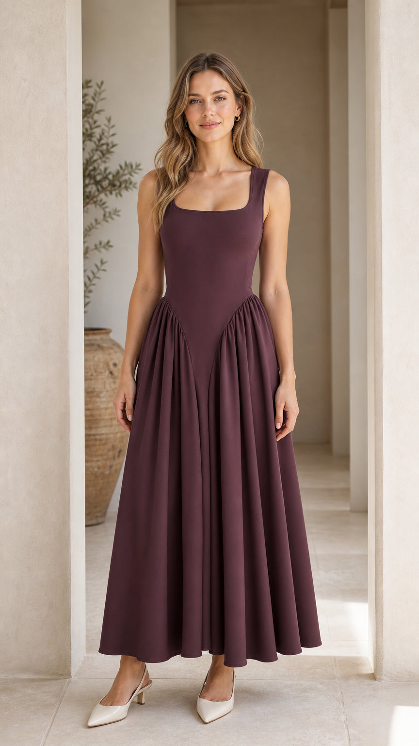 Front full view of woman wearing burgundy square neck maxi dress