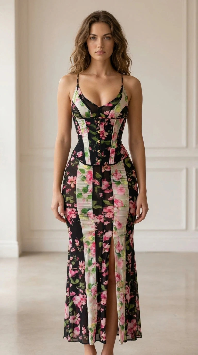Front view of woman wearing Black floral corset midi dress set