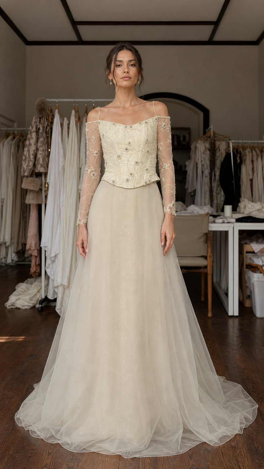Front view of champagne beaded corset tulle evening gown