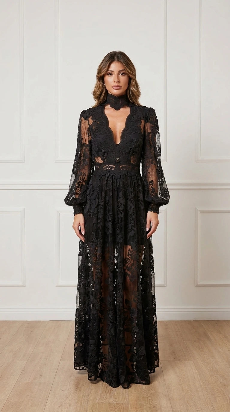 Front view of black sheer lace maxi dress
