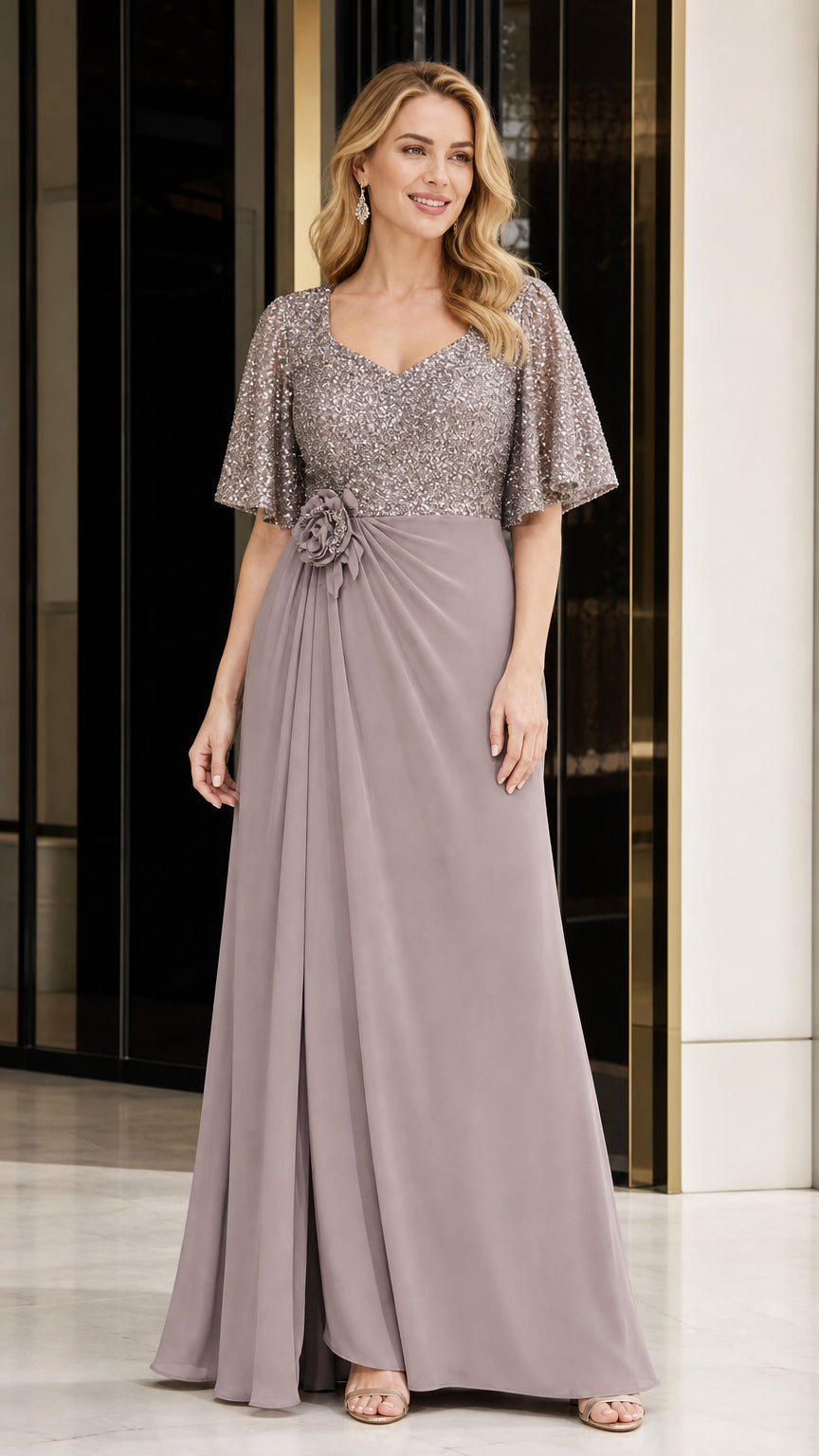 Front view of taupe sequin evening gown