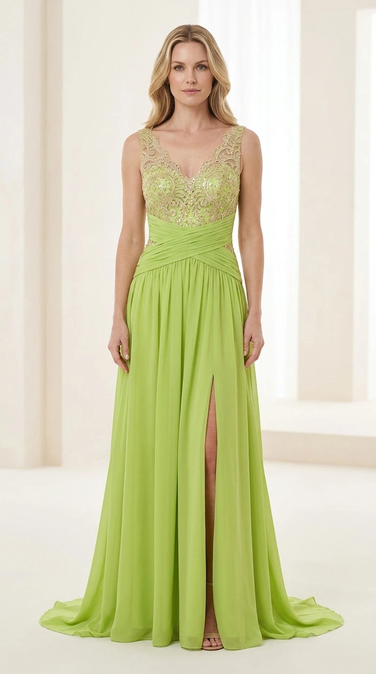 Front view of lime green evening gown with embroidered bodice and high slit