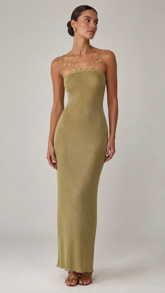 Front view of olive beaded strap bodycon knit maxi dress