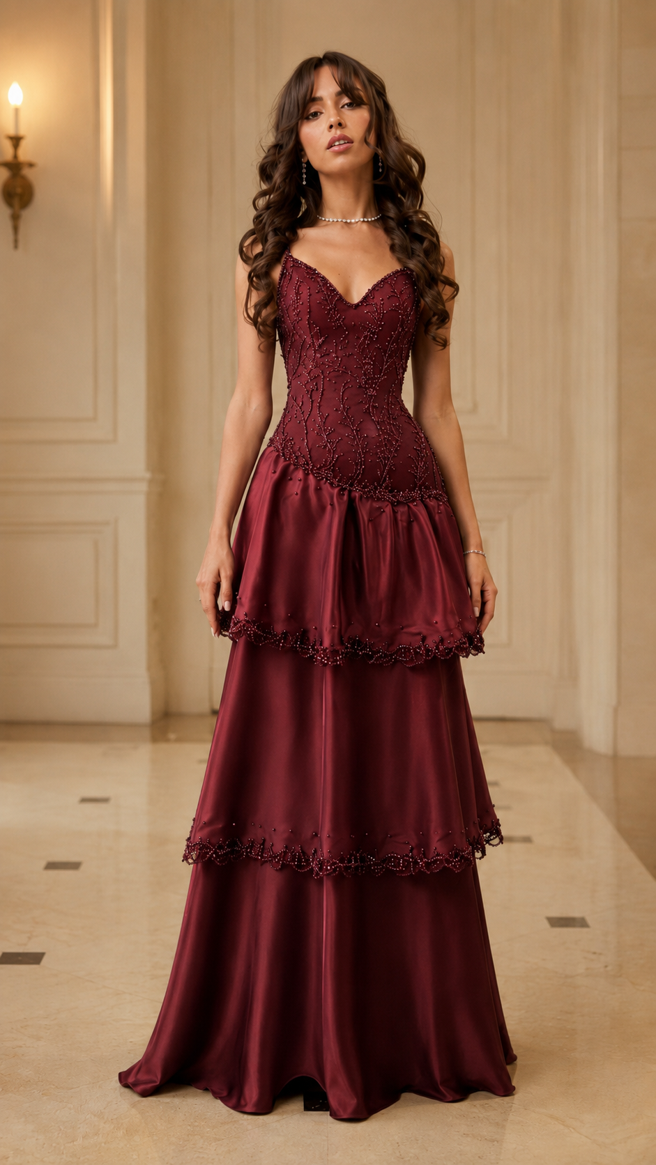 Front view of burgundy tiered maxi dress with lace bodice and sweetheart neckline
