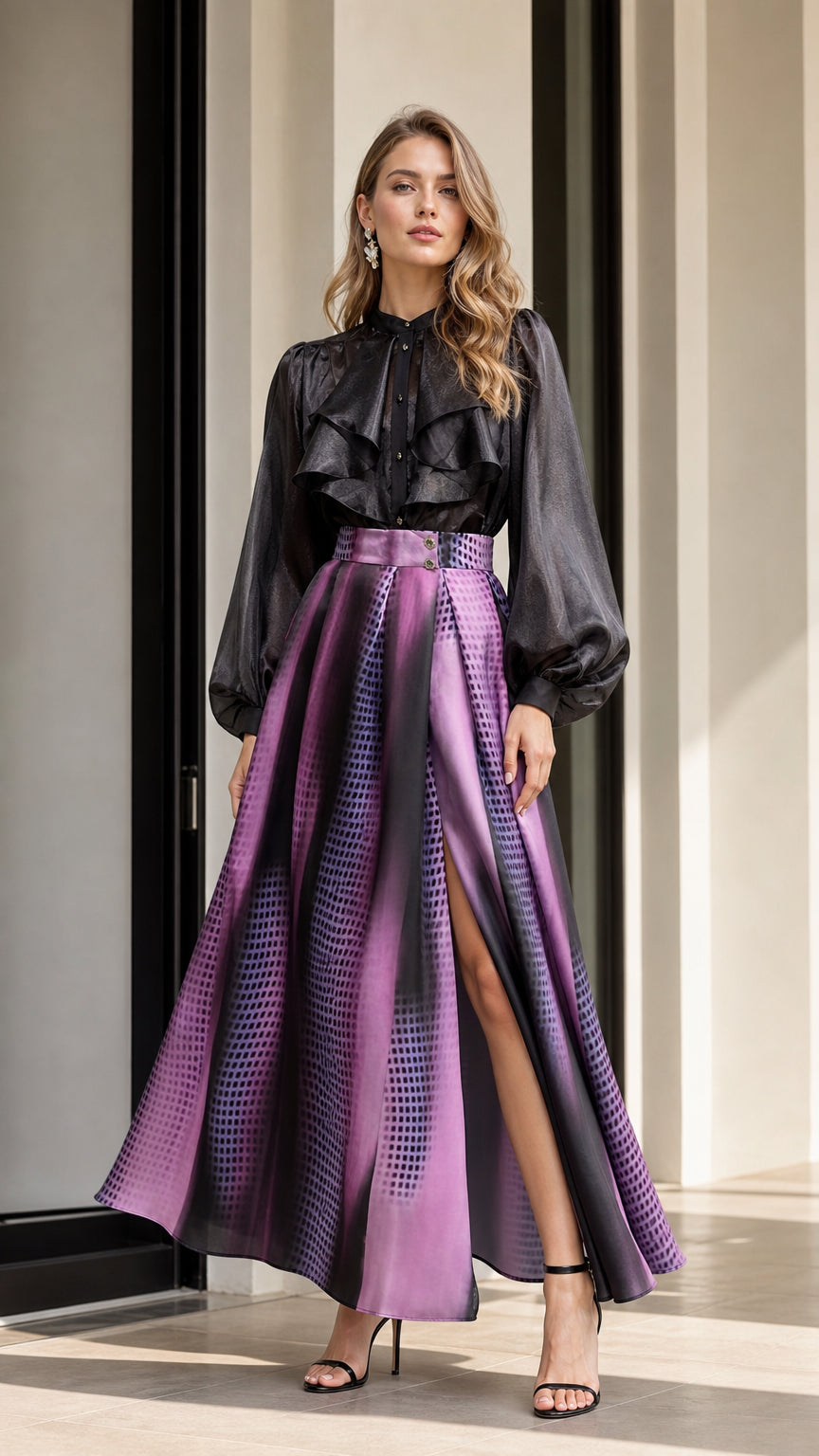 Model wearing purple gradient maxi skirt and black ruffle blouse, front view