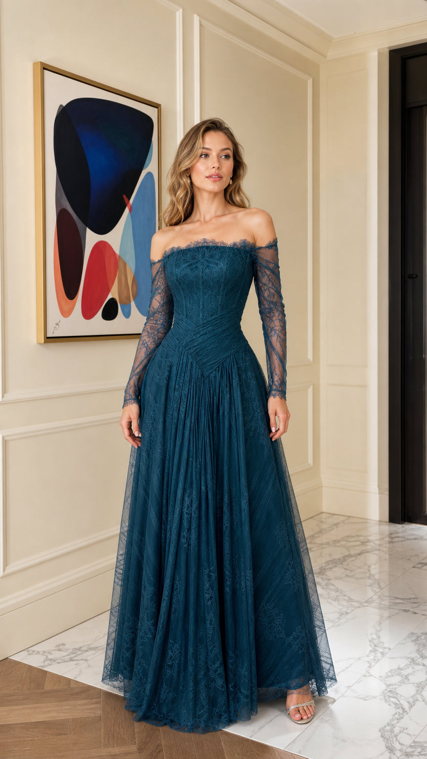 Front view of teal off-shoulder lace evening gown