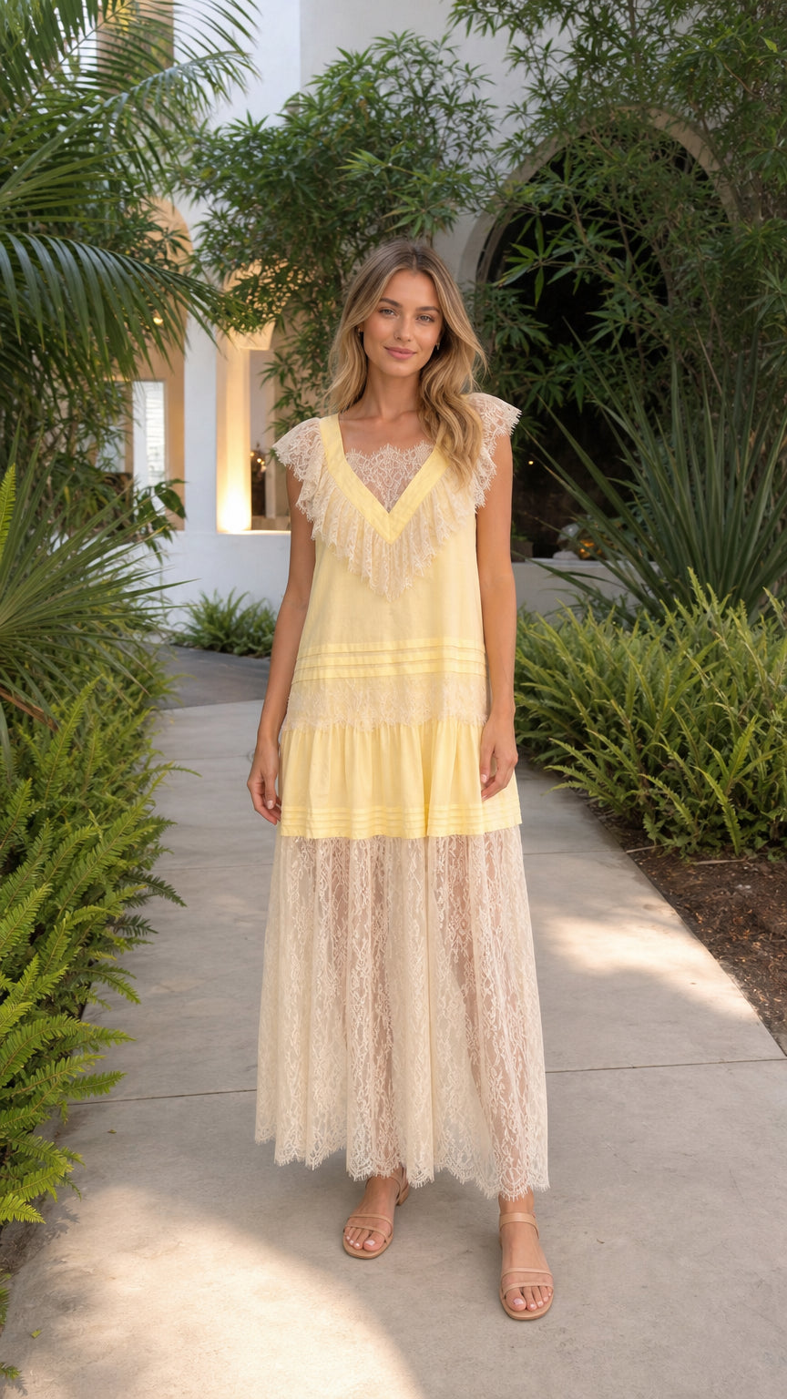 Front view of model wearing yellow lace tiered maxi dress