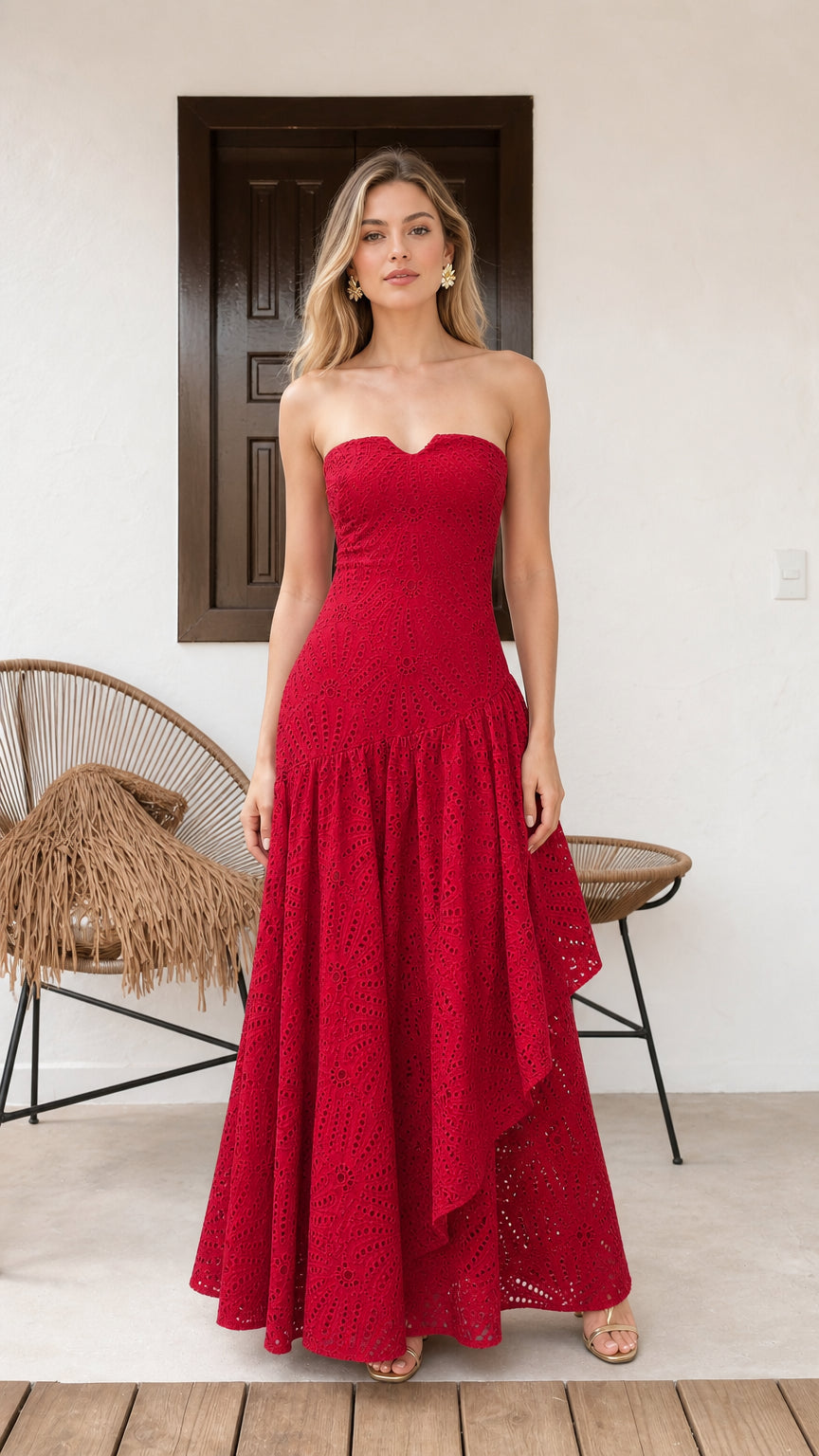 Model wearing red strapless eyelet maxi dress front view