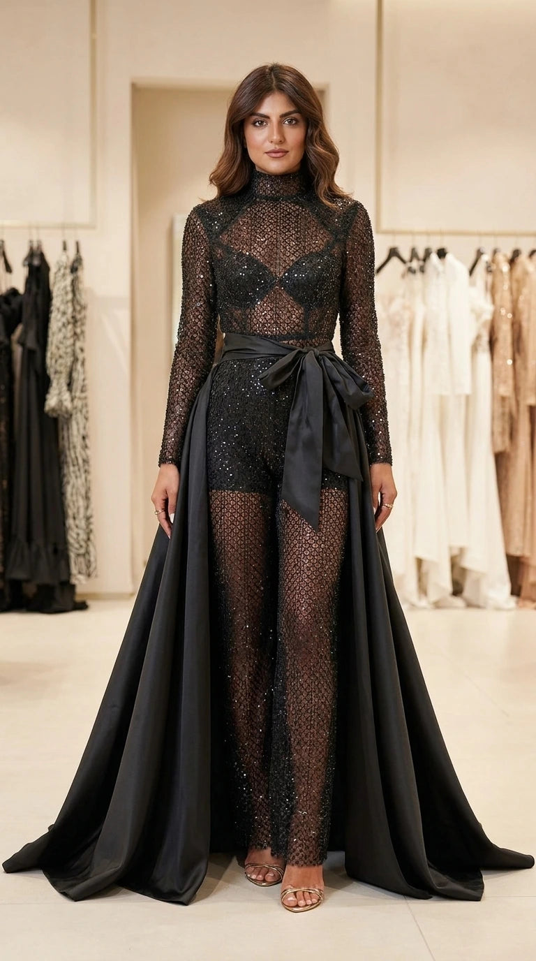 Front view of black sequin mesh jumpsuit with detachable overskirt and bow