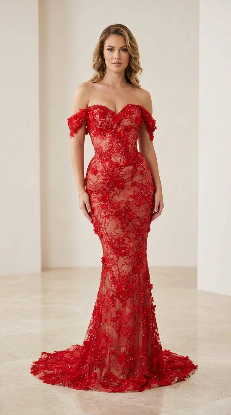 Front view of red off-the-shoulder floral applique mermaid evening gown