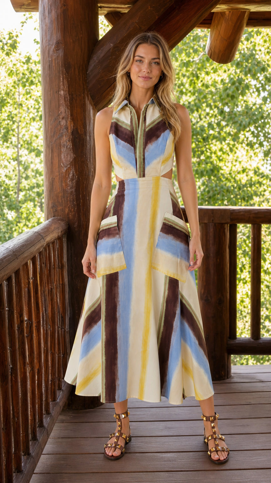 Front view of cream striped sleeveless midi dress with cutouts