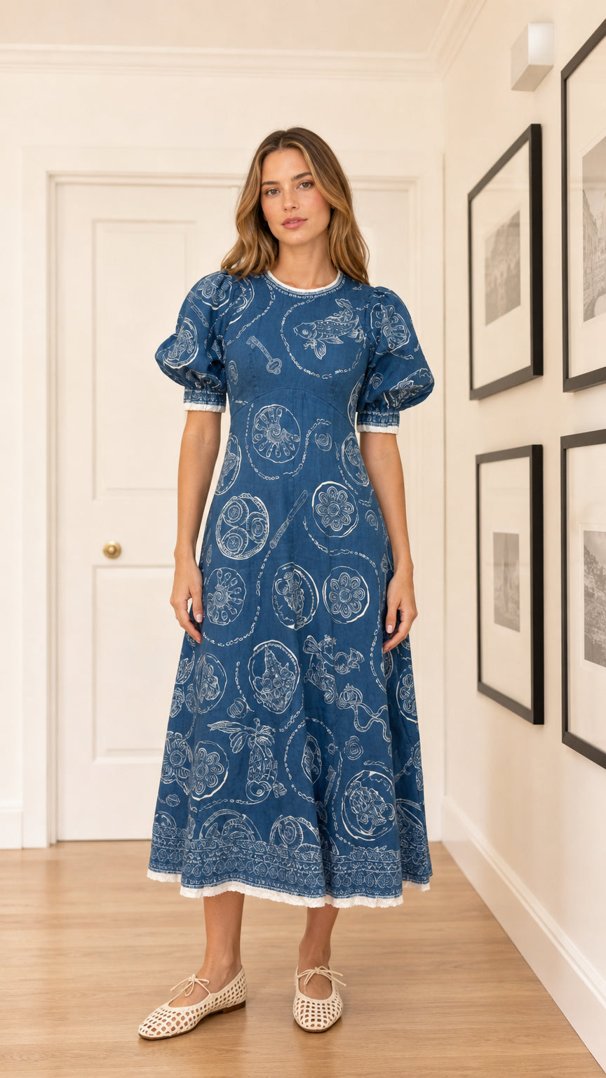 Front view of woman wearing blue embroidered puff sleeve midi dress