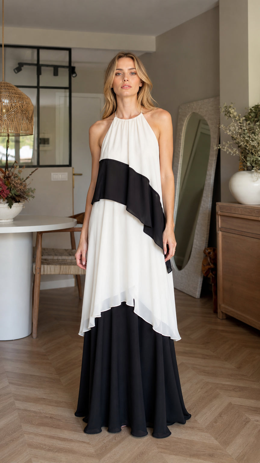 Front view of white color-block halter maxi dress