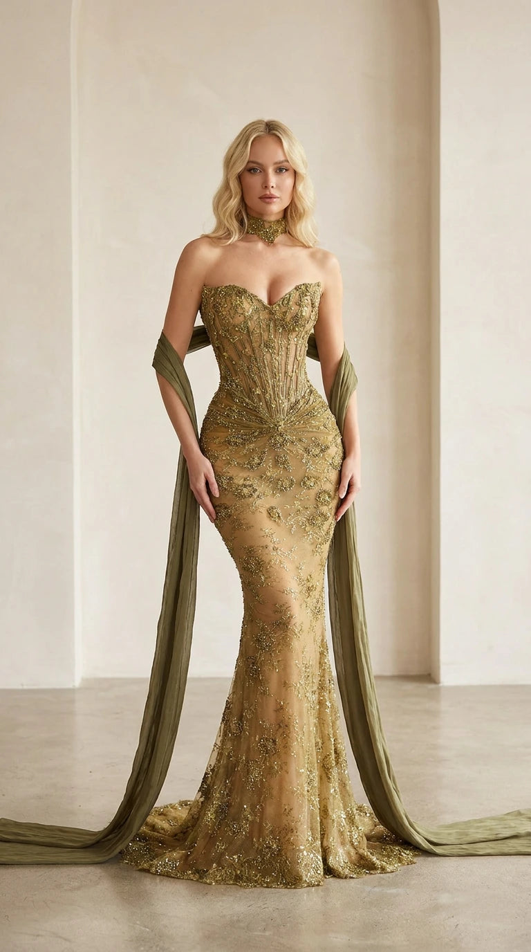 Front view of gold embellished strapless corset mermaid evening gown with draped scarf