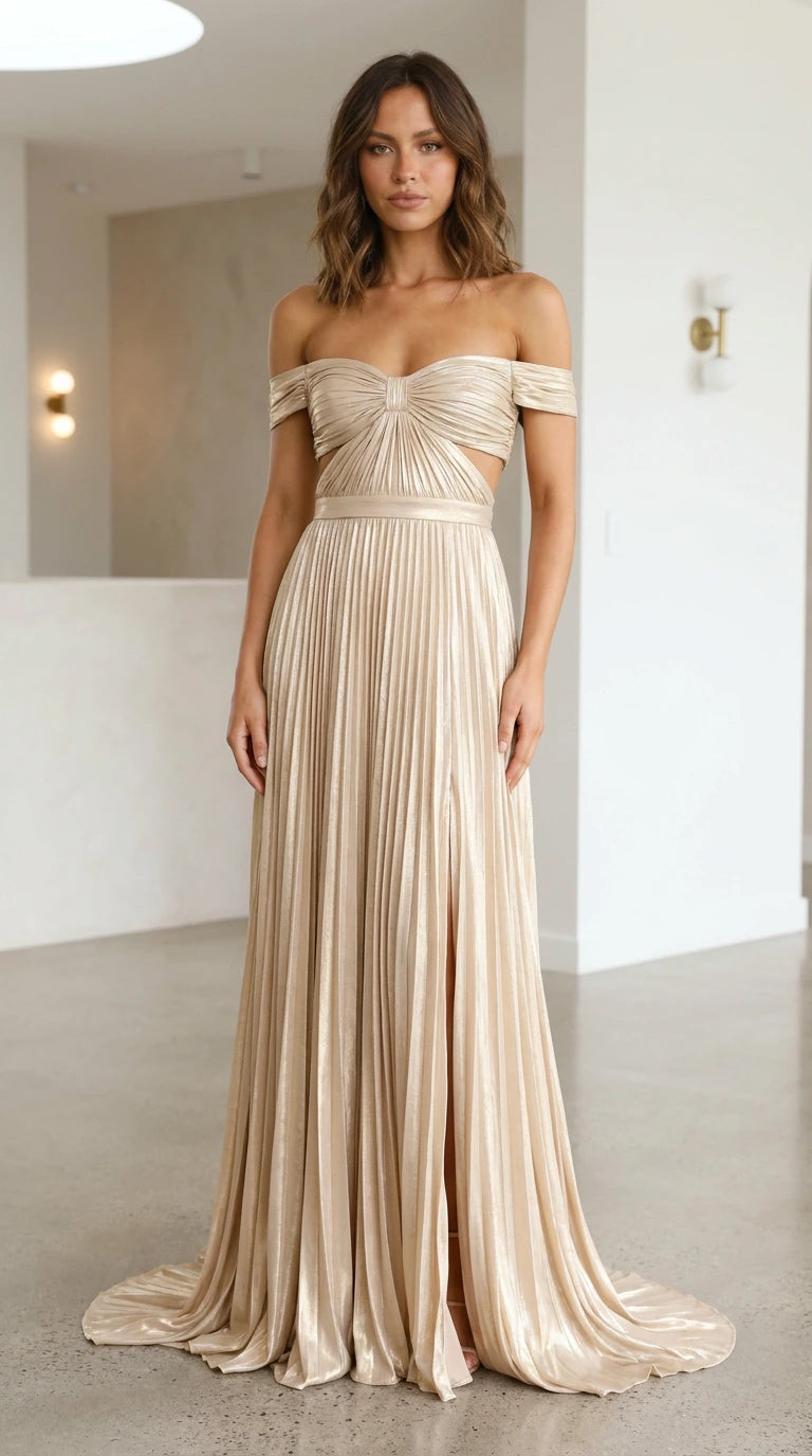 Front view of champagne off-shoulder pleated maxi dress