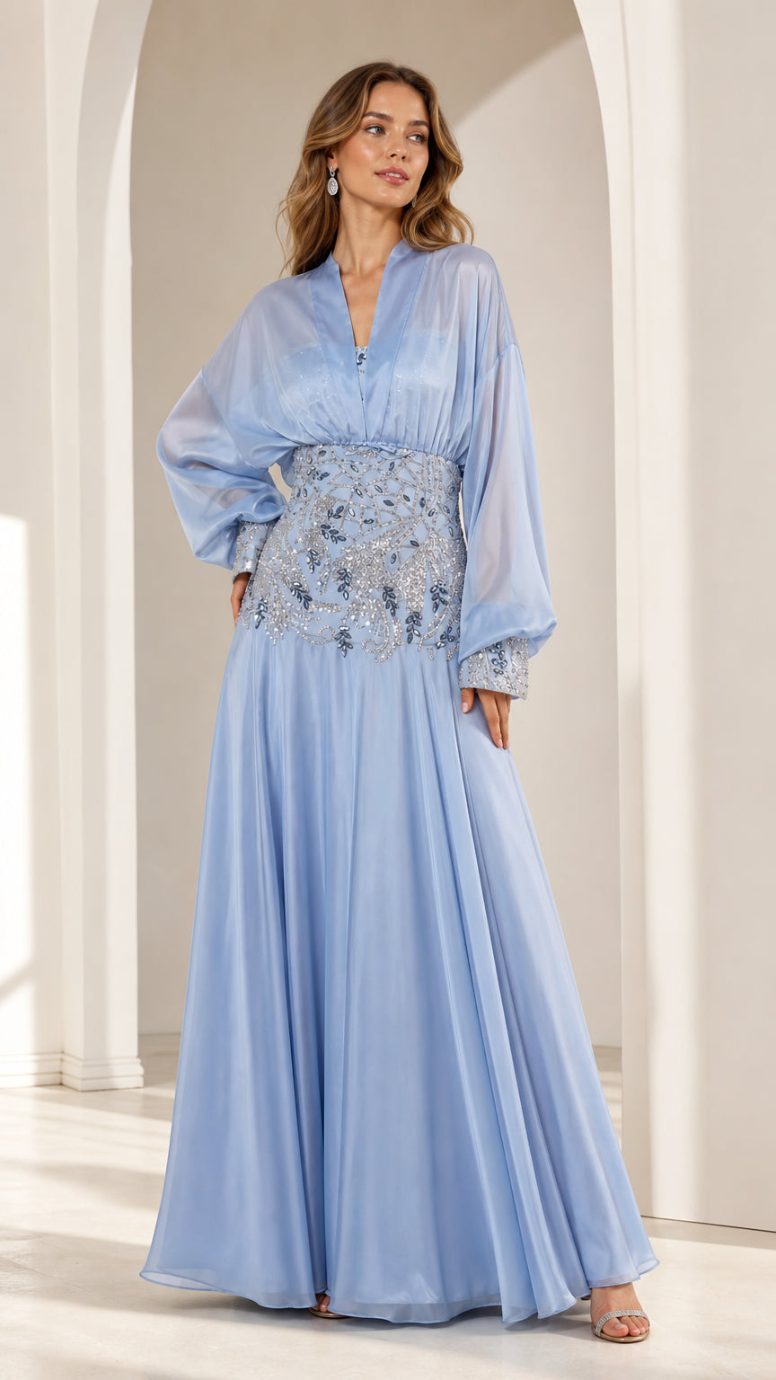 Front view of light blue embellished chiffon maxi dress