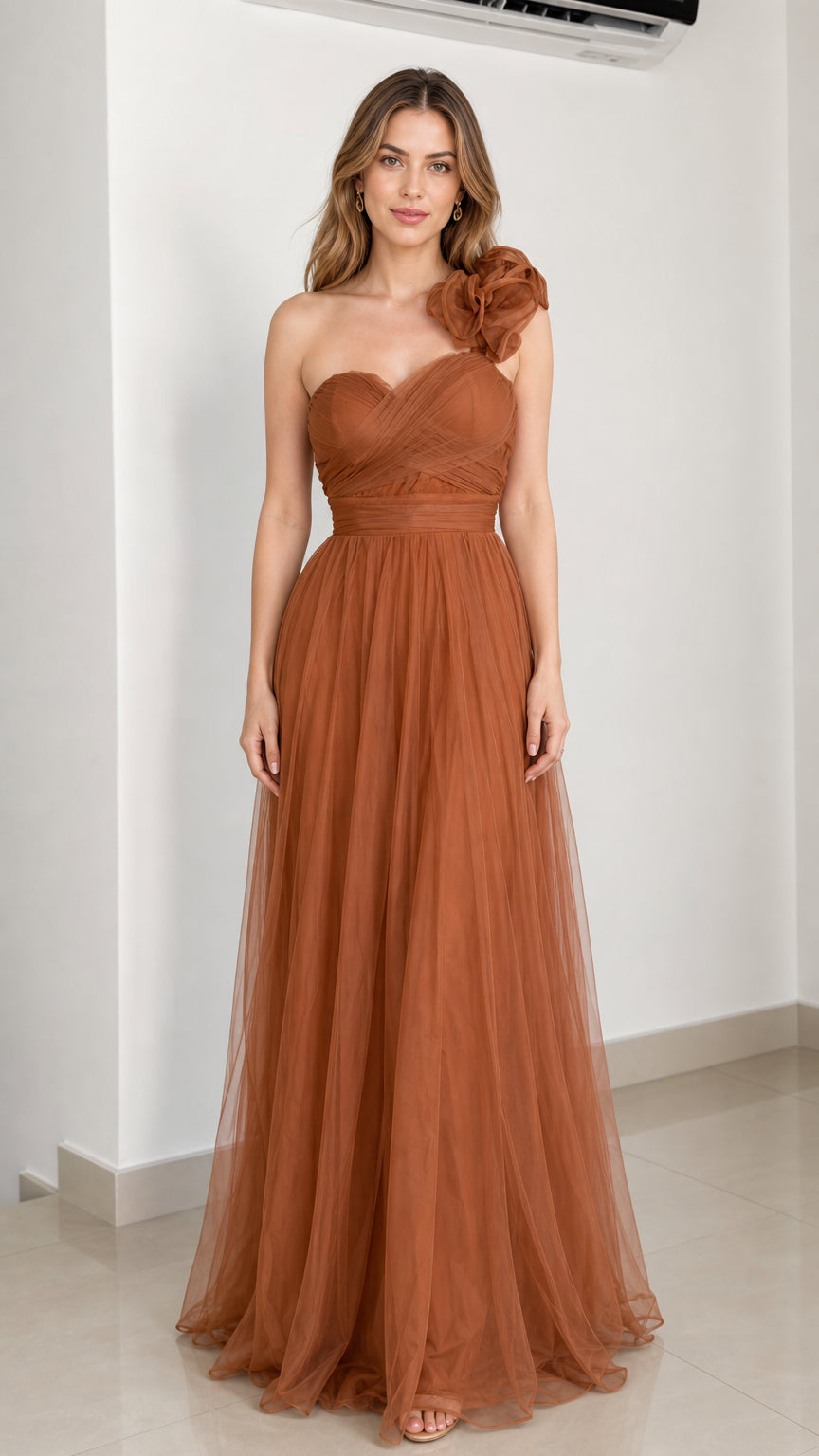 Front view of rust brown one-shoulder tulle evening gown