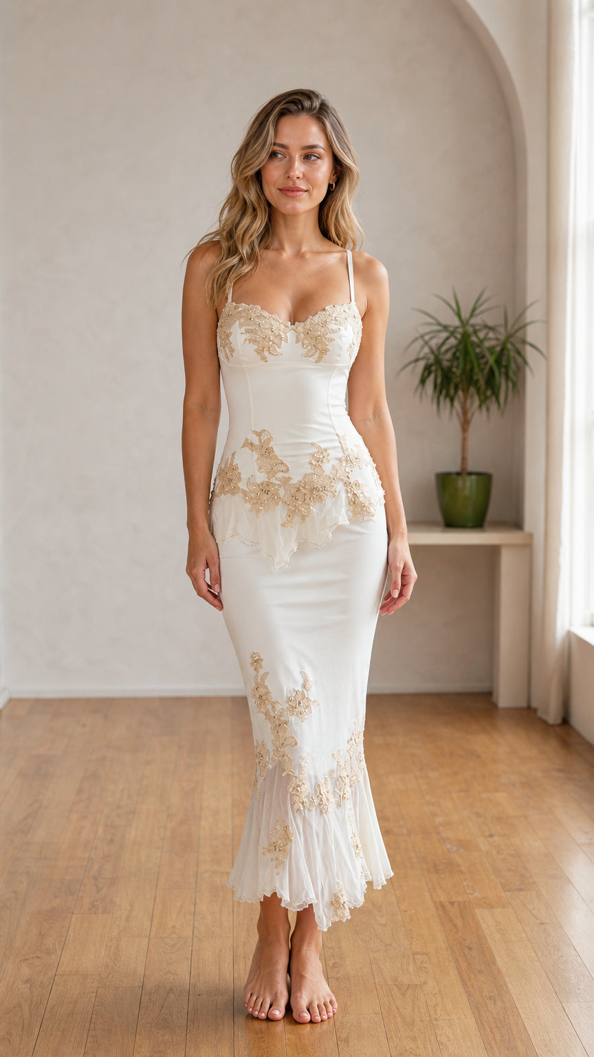 Front view of White embroidered slip midi dress