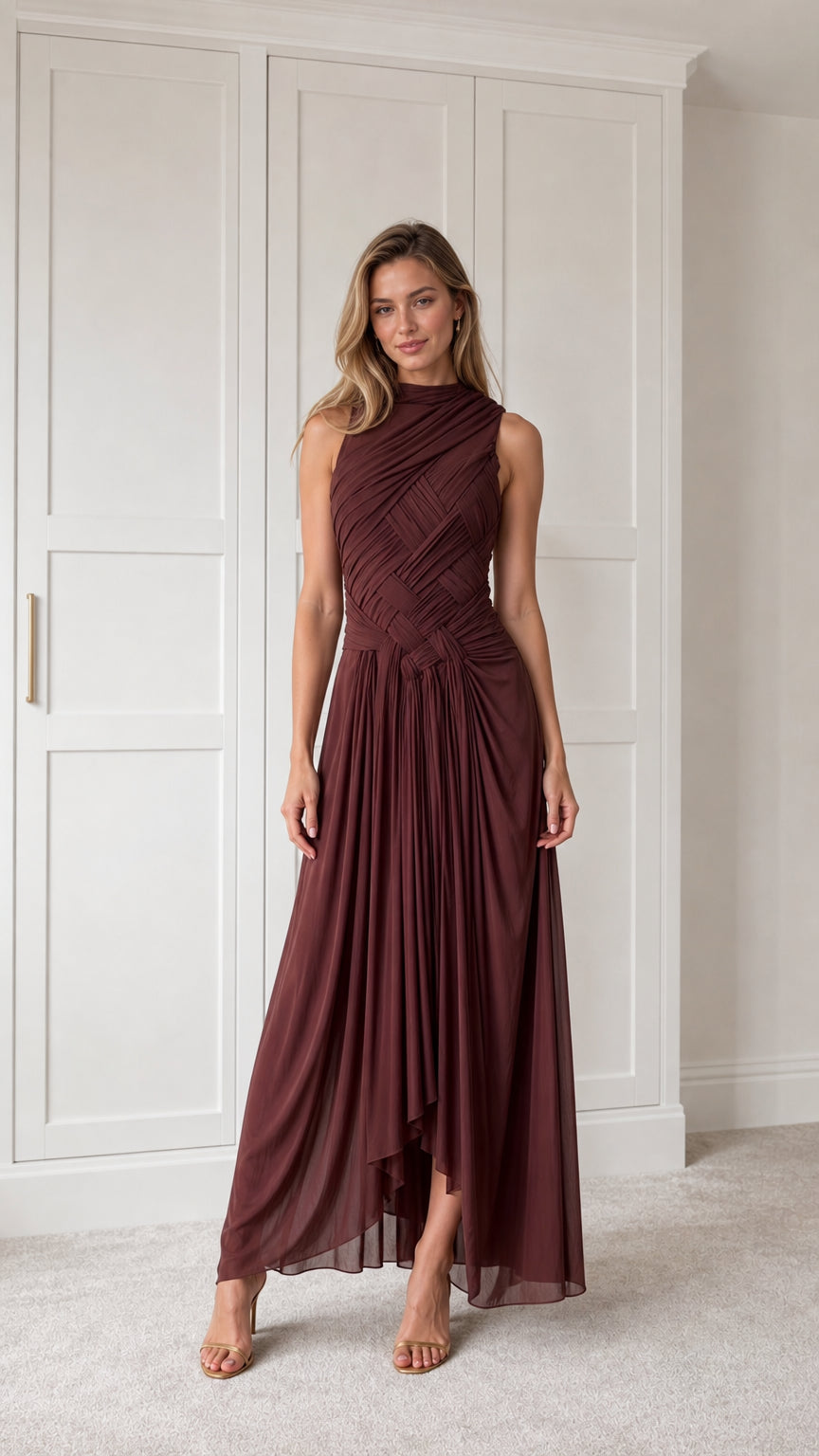 Front view of burgundy pleated maxi dress