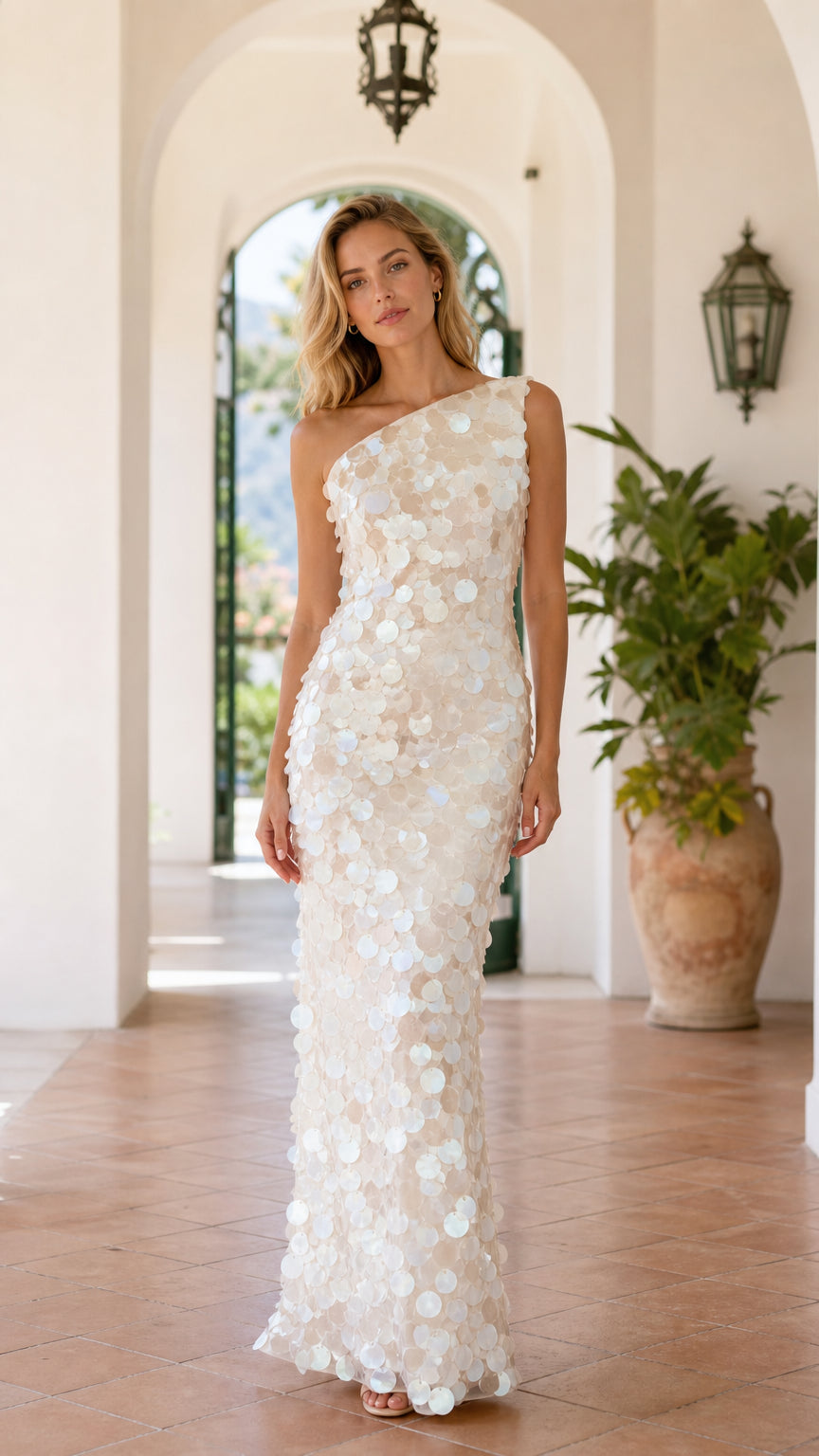 Front view of model wearing white one-shoulder sequin maxi dress