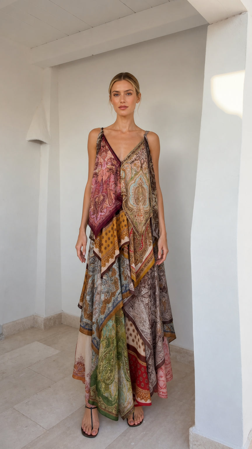 Front view of model wearing boho patchwork print maxi dress