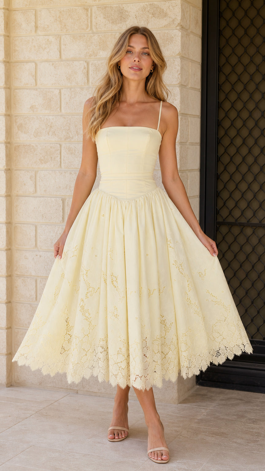 Front view of yellow midi dress with lace hem